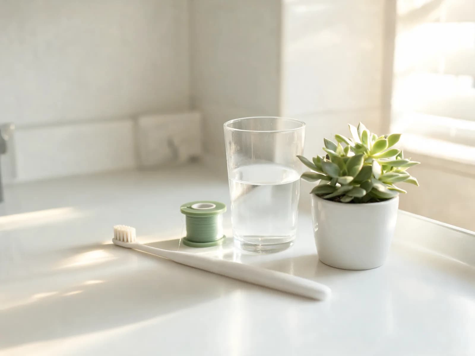 Soft toothbrush and dental floss on a clean bathroom counter in morning light
