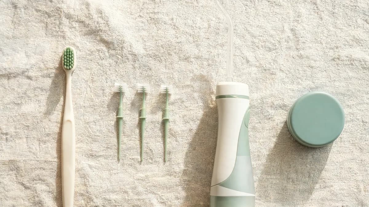 Soft toothbrush, small interdental brushes, a water flosser and floss arranged on a linen surface