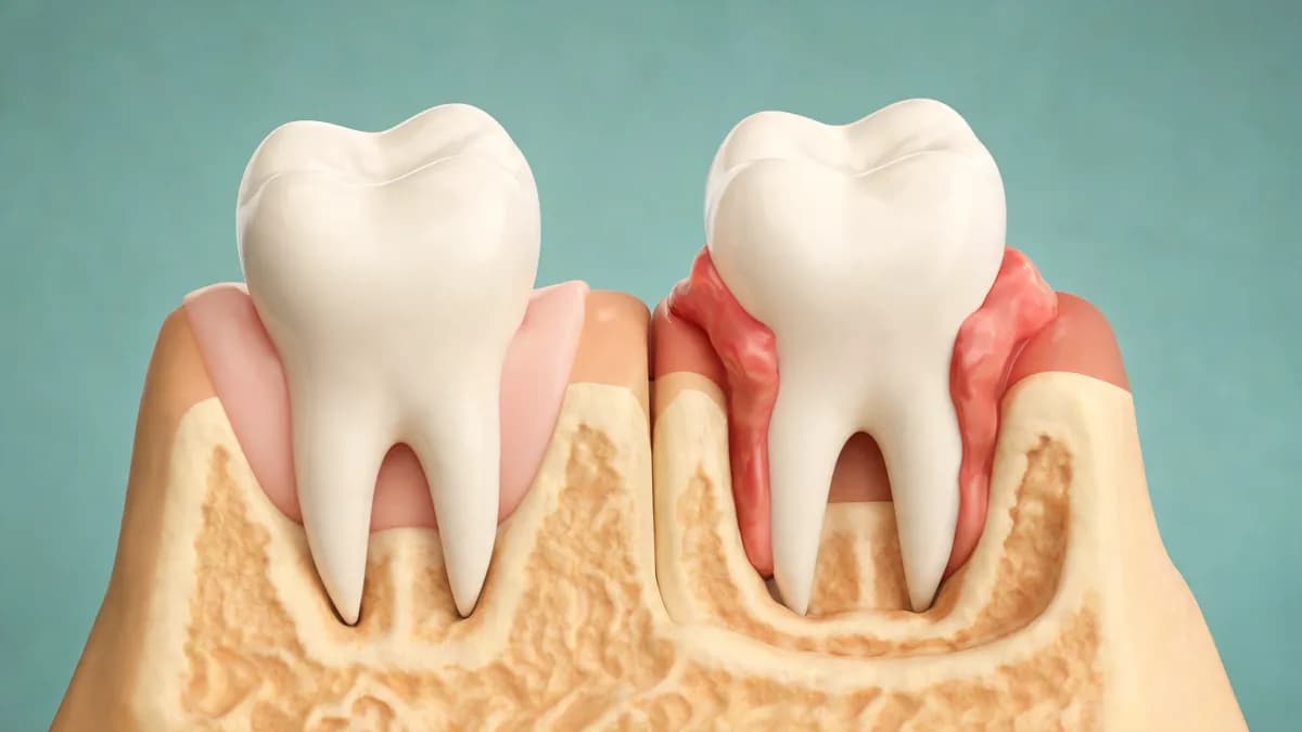 Illustration comparing a healthy tooth with firm gum and full bone to a tooth with swollen gum, a deep pocket and bone loss