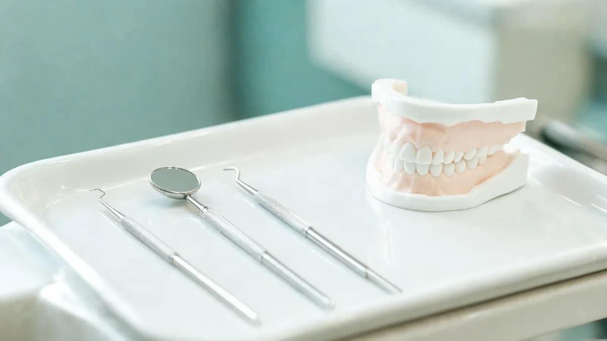 Dental examination tray with a periodontal probe, mirror and explorer beside a model of a lower jaw