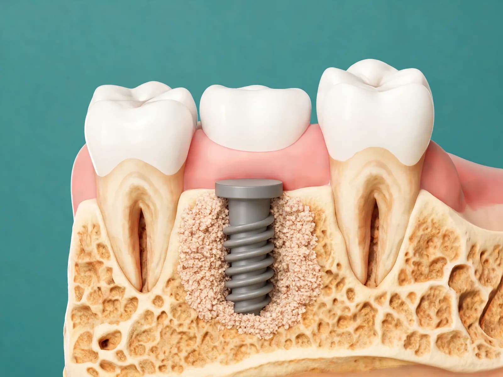 Illustration of a dental implant in the jawbone surrounded by an area of new grafted bone