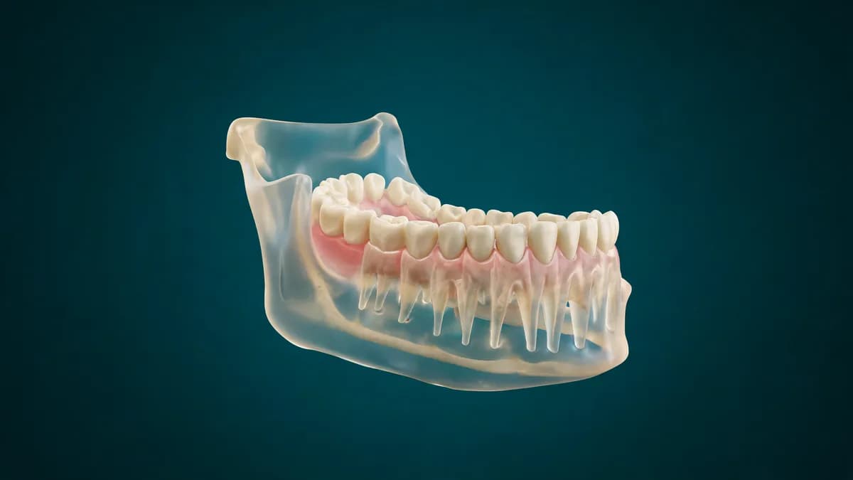 Three dimensional visualization of a lower jaw and tooth roots in soft blue tones, like a cone beam scan