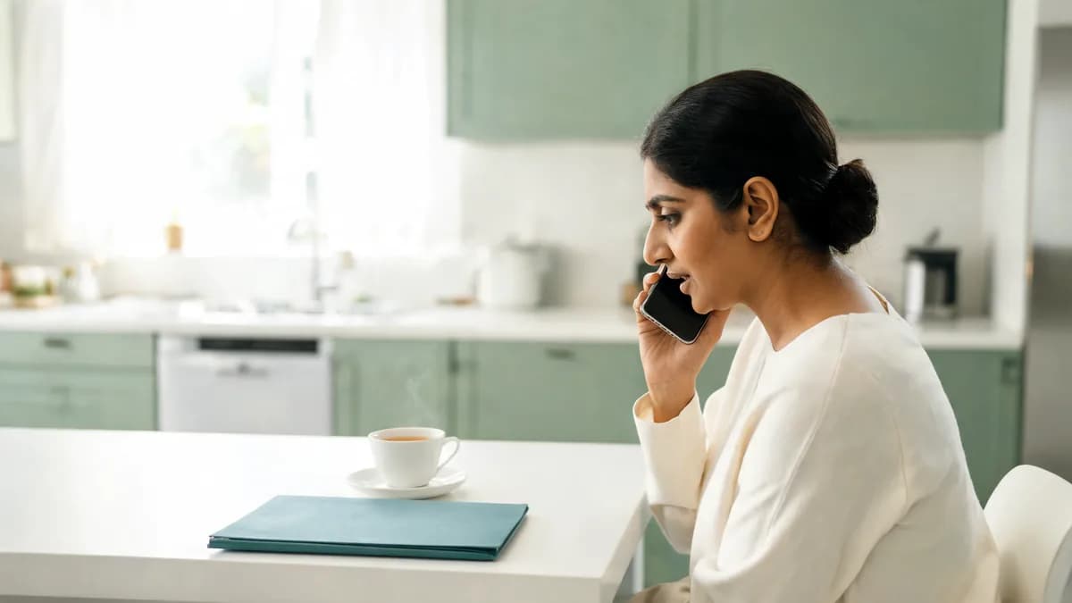 Woman at a kitchen table on a phone call with a folder and a cup of tea, reviewing her dental benefits