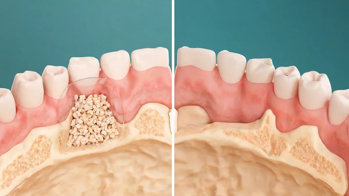 Illustration of an empty tooth socket filled with granular bone graft material under a clear protective membrane
