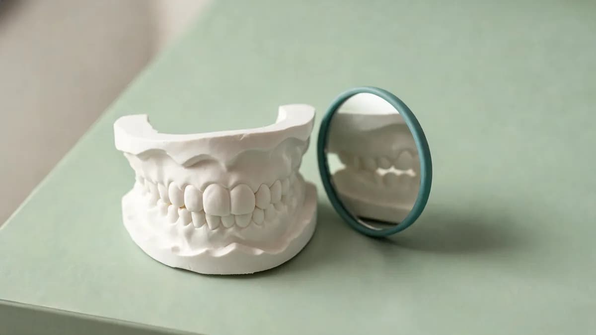 White dental study model of a full set of teeth with even, scalloped gum contours, beside a small hand mirror