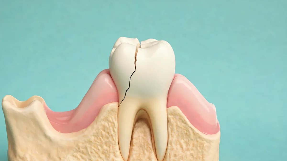 Illustration of a molar with a crack running just below the gum line, showing the tooth, gum and jawbone