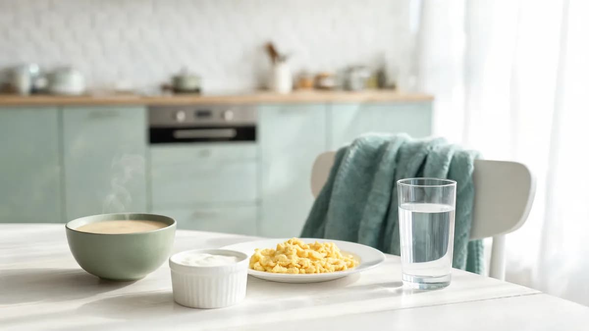 Home table set with soft foods for a recovery day: soup, yogurt, eggs and water