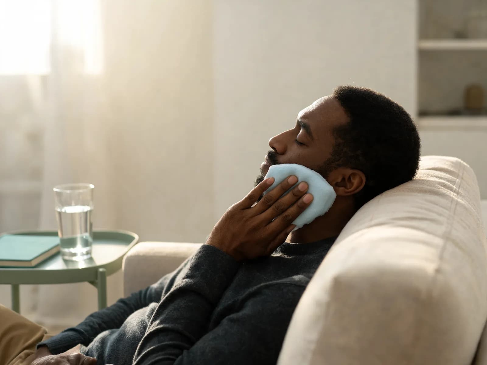 Man resting on a sofa at home holding a cold compress to his jaw after a tooth extraction