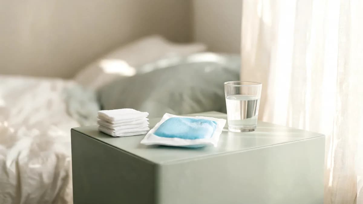 Folded gauze squares, a wrapped cold pack and a glass of water on a bedside table