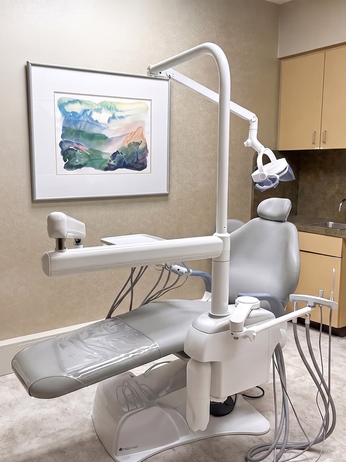 A consultation room at Premier Periodontics with a framed watercolor above the chair